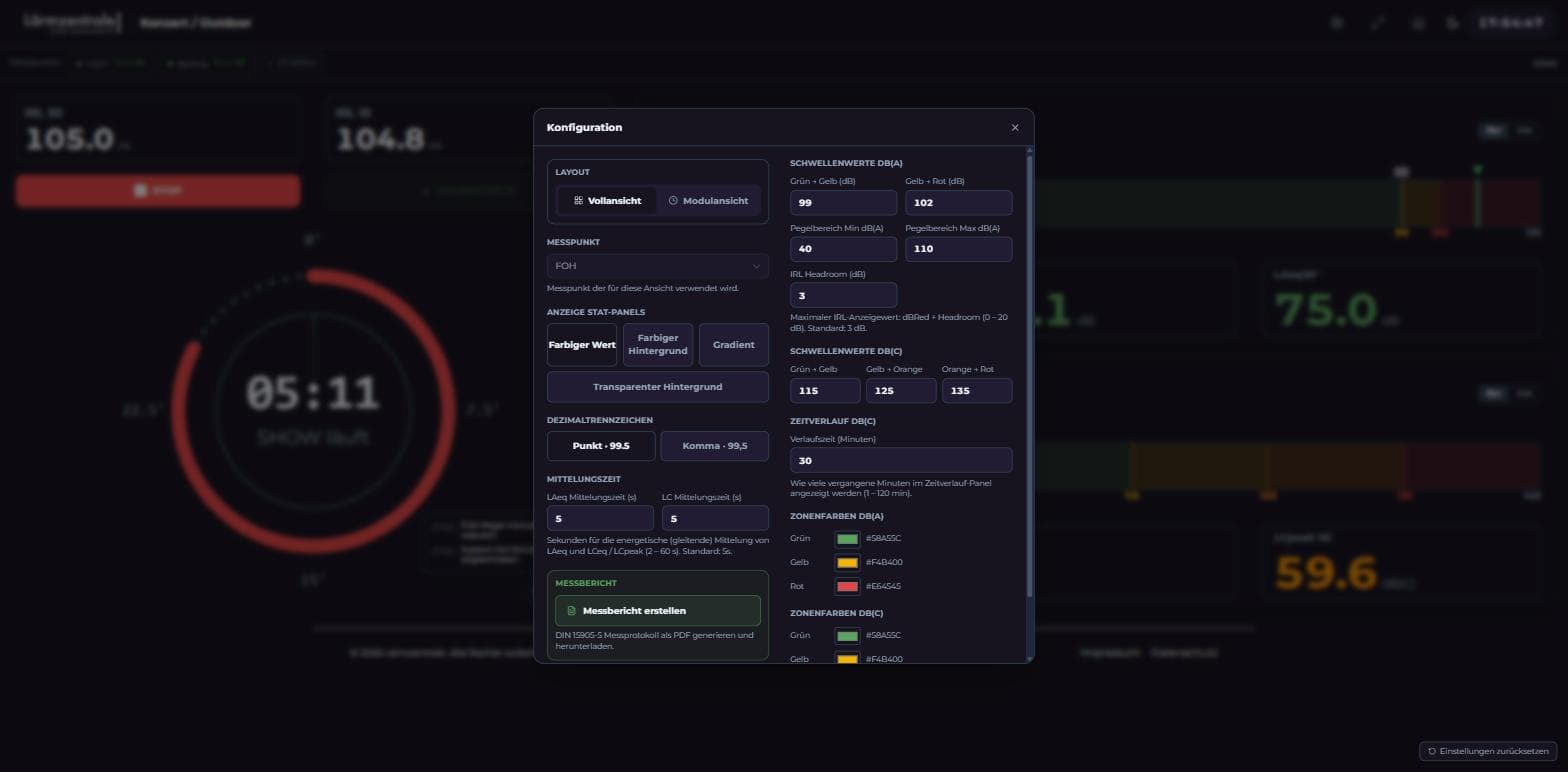 Konfigurationsansicht der DIN 15905-5 Operator Console für Ka/Kc-Korrekturfaktoren zwischen FOH und Ersatzimmissionsort sowie Schwellenwerte und Farbzonen